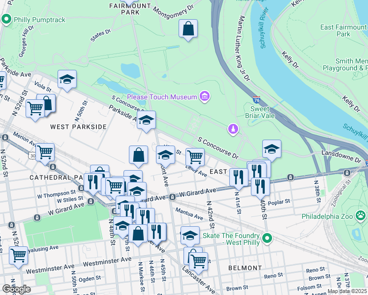 map of restaurants, bars, coffee shops, grocery stores, and more near 4232 Parkside Avenue in Philadelphia