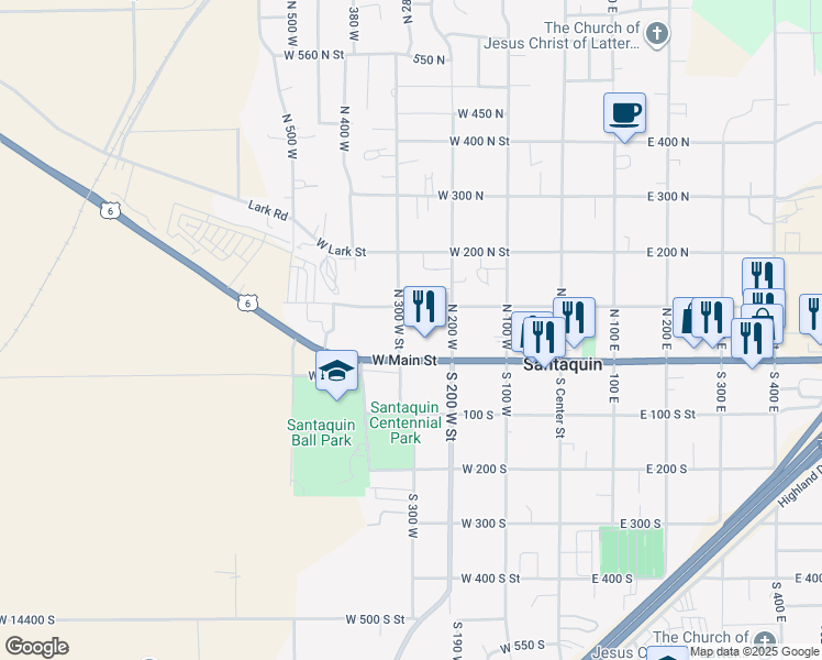 map of restaurants, bars, coffee shops, grocery stores, and more near 281 Spruce Way in Santaquin