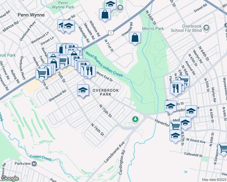 map of restaurants, bars, coffee shops, grocery stores, and more near 7323 Malvern Avenue in Philadelphia