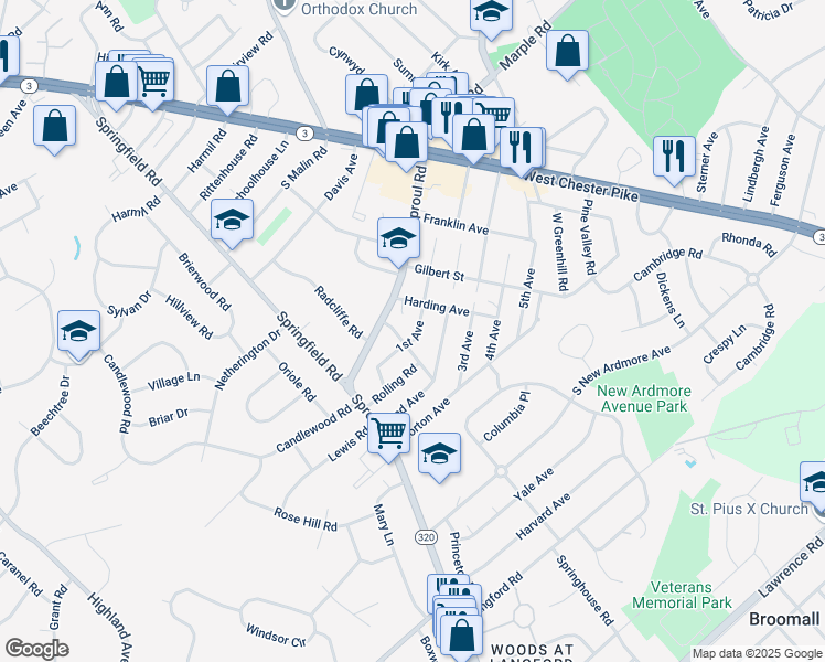 map of restaurants, bars, coffee shops, grocery stores, and more near 126 1st Avenue in Broomall