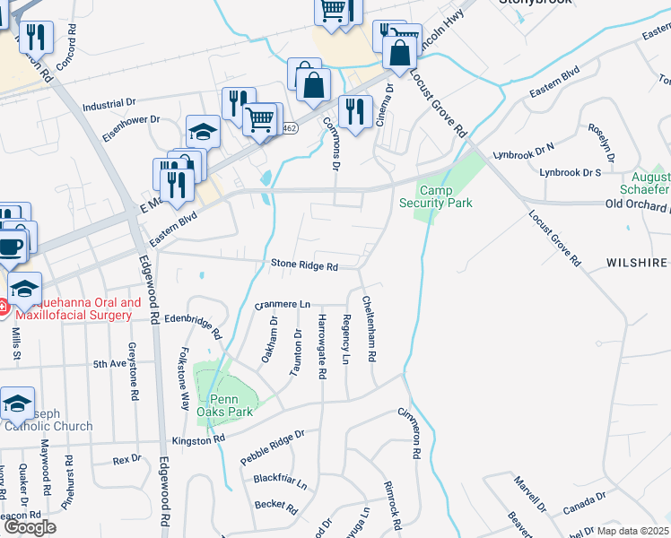 map of restaurants, bars, coffee shops, grocery stores, and more near 3482 Stone Ridge Road in York