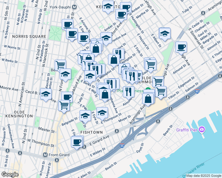 map of restaurants, bars, coffee shops, grocery stores, and more near 2419 East Norris Street in Philadelphia