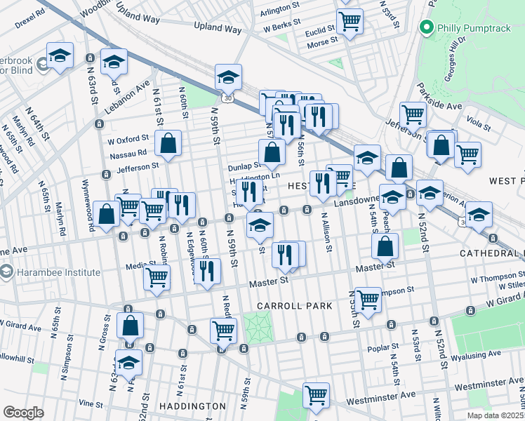 map of restaurants, bars, coffee shops, grocery stores, and more near 5725 Lansdowne Avenue in Philadelphia