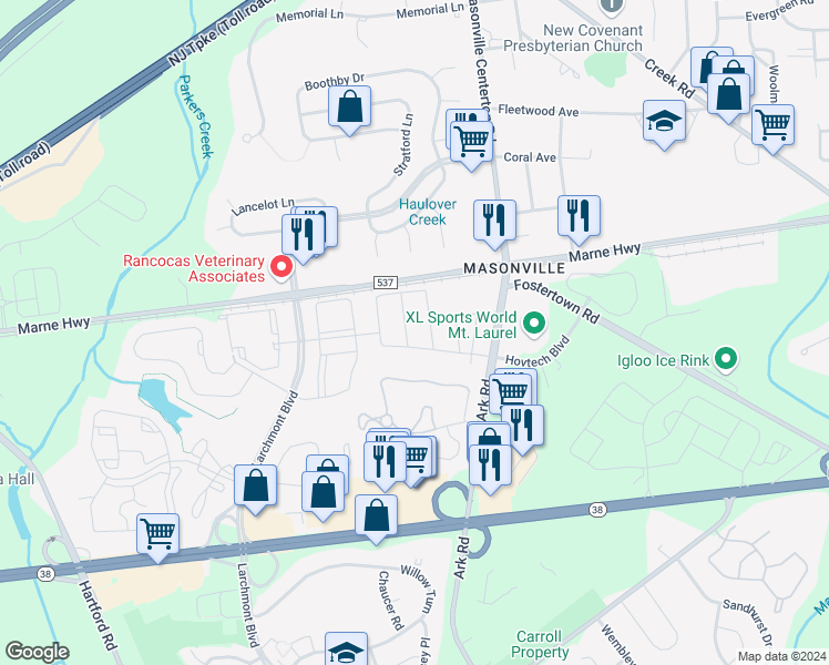 map of restaurants, bars, coffee shops, grocery stores, and more near 5003 Essex Lane in Mount Laurel Township