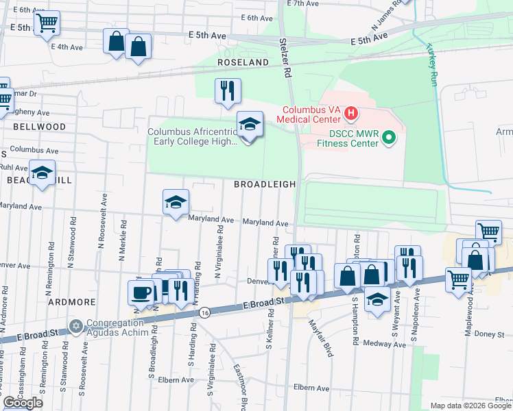 map of restaurants, bars, coffee shops, grocery stores, and more near 223 Lowell Road in Columbus