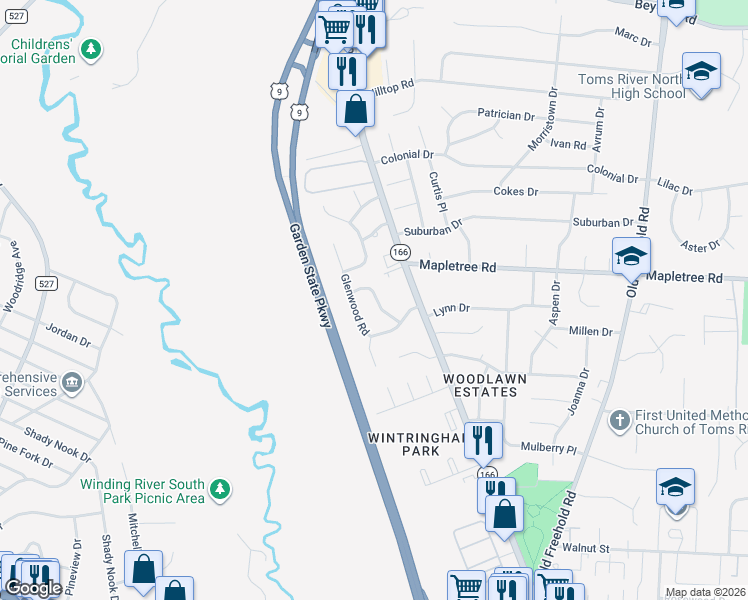 map of restaurants, bars, coffee shops, grocery stores, and more near 1118 Parkview Lane in Toms River