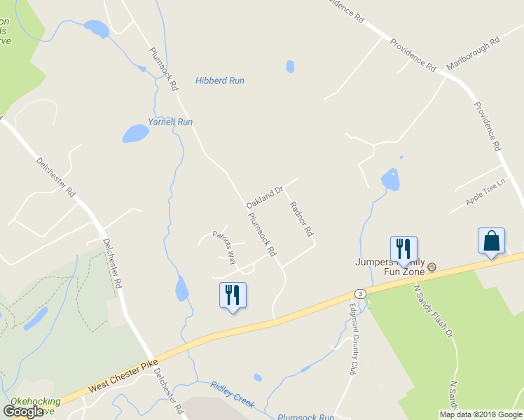 map of restaurants, bars, coffee shops, grocery stores, and more near 2 Oakland Drive in Newtown Square