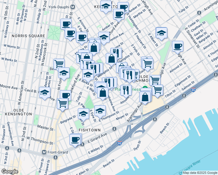 map of restaurants, bars, coffee shops, grocery stores, and more near 2419 East Norris Street in Philadelphia