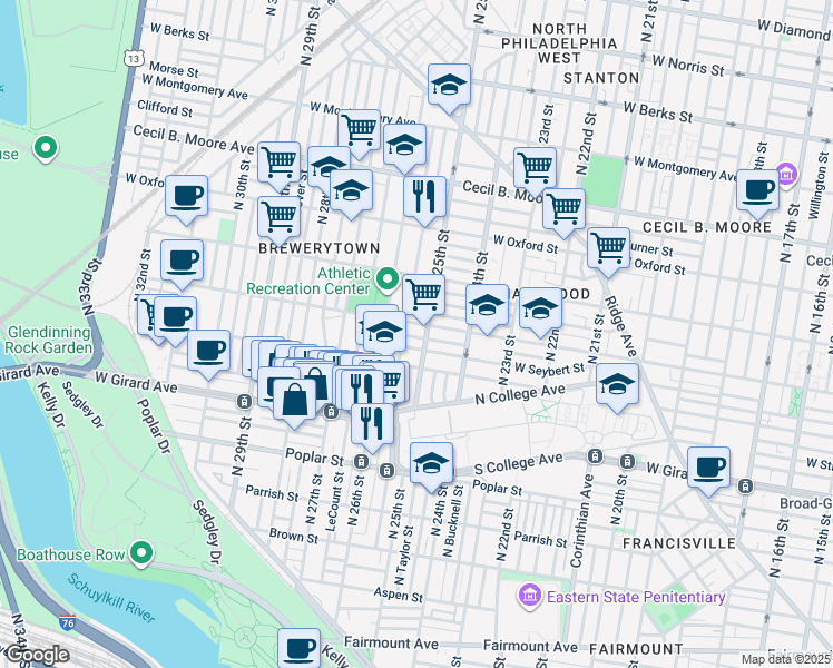 map of restaurants, bars, coffee shops, grocery stores, and more near 2511 Ingersoll Street in Philadelphia