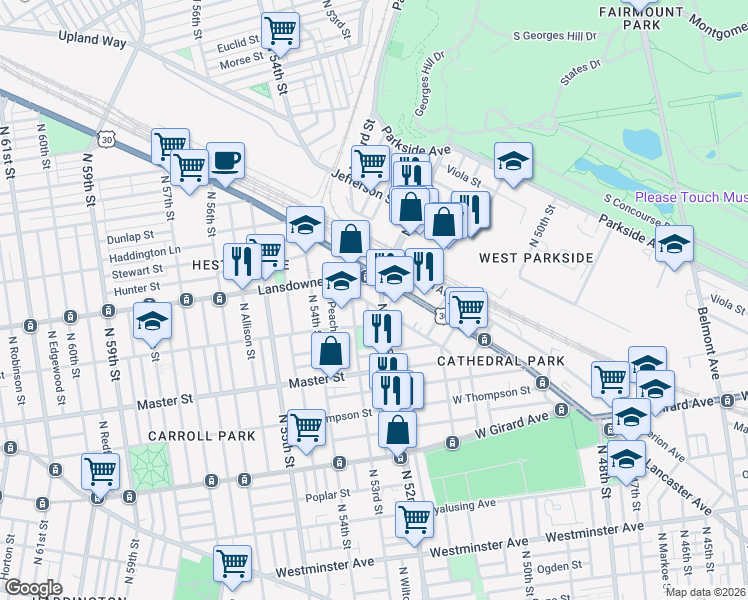 map of restaurants, bars, coffee shops, grocery stores, and more near 1459 North 52nd Street in Philadelphia