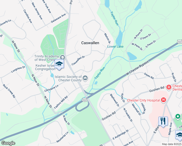 map of restaurants, bars, coffee shops, grocery stores, and more near 112 Crosspointe Drive in West Chester