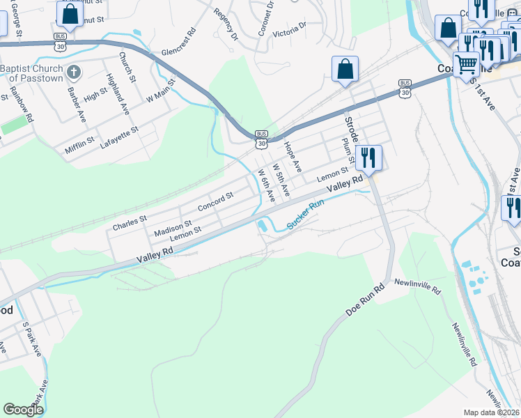 map of restaurants, bars, coffee shops, grocery stores, and more near 722 Lemon Street in Coatesville