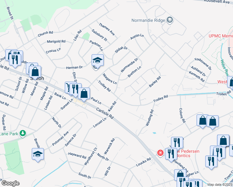 map of restaurants, bars, coffee shops, grocery stores, and more near 1915 Trolley Road in Shiloh