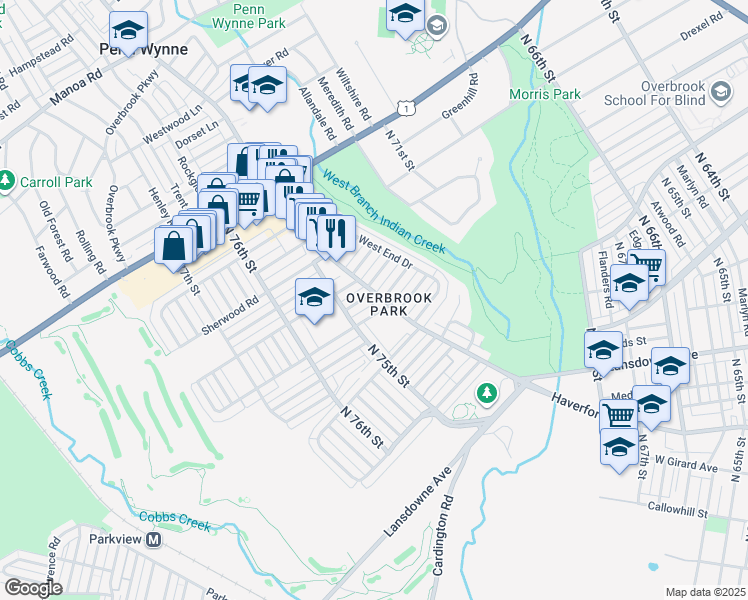 map of restaurants, bars, coffee shops, grocery stores, and more near 7419 Drexel Road in Philadelphia