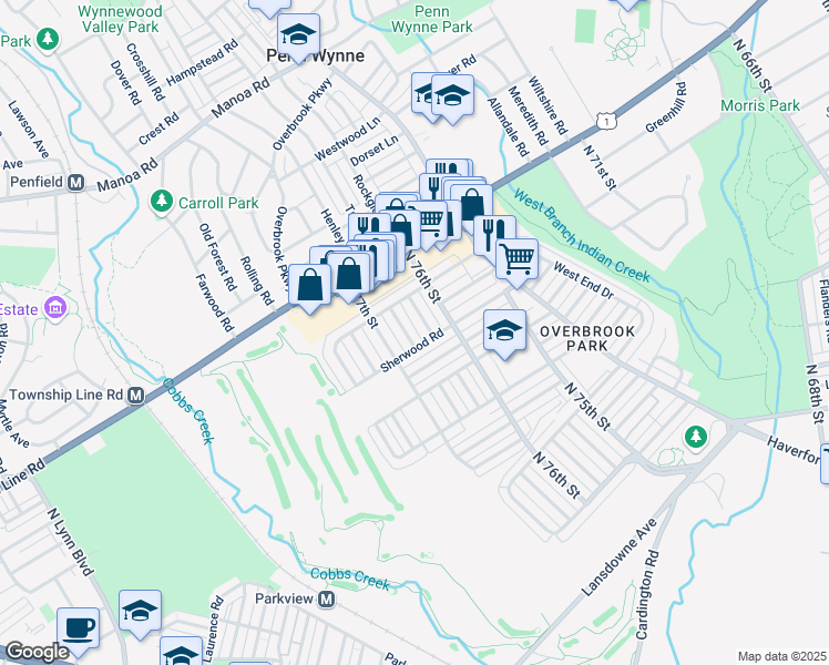 map of restaurants, bars, coffee shops, grocery stores, and more near 1813 Farrington Road in Philadelphia