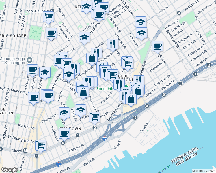 map of restaurants, bars, coffee shops, grocery stores, and more near 2511 East Gordon Street in Philadelphia