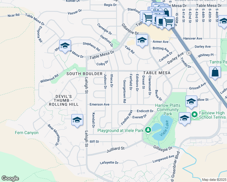 map of restaurants, bars, coffee shops, grocery stores, and more near 1290 Ithaca Drive in Boulder