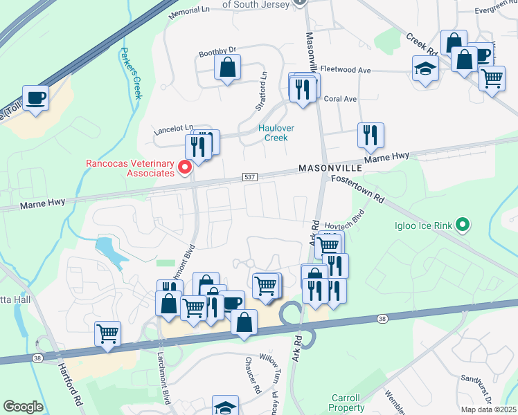 map of restaurants, bars, coffee shops, grocery stores, and more near 5003 Essex Lane in Mount Laurel Township