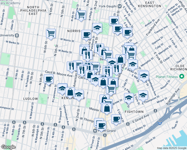 map of restaurants, bars, coffee shops, grocery stores, and more near 158 West Palmer Street in Philadelphia