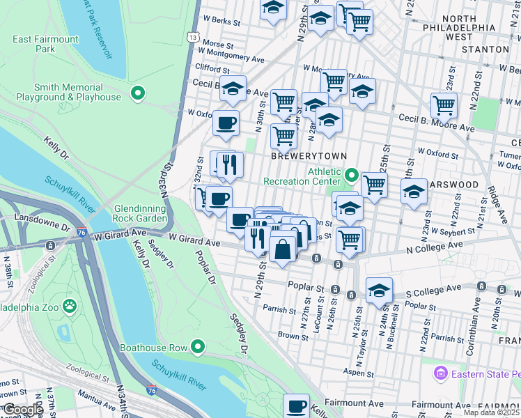 map of restaurants, bars, coffee shops, grocery stores, and more near 2940 West Thompson Street in Philadelphia