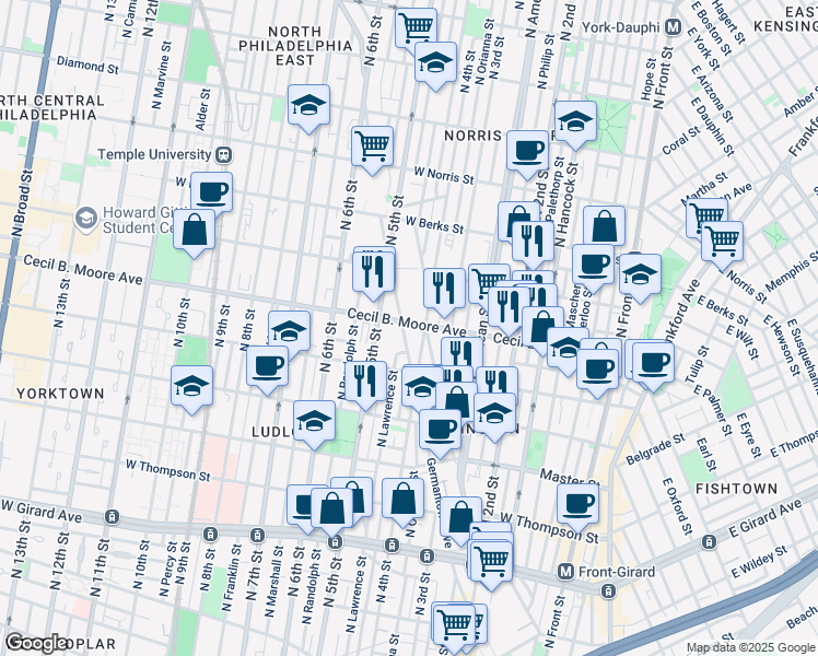 map of restaurants, bars, coffee shops, grocery stores, and more near 1655 Germantown Avenue in Philadelphia