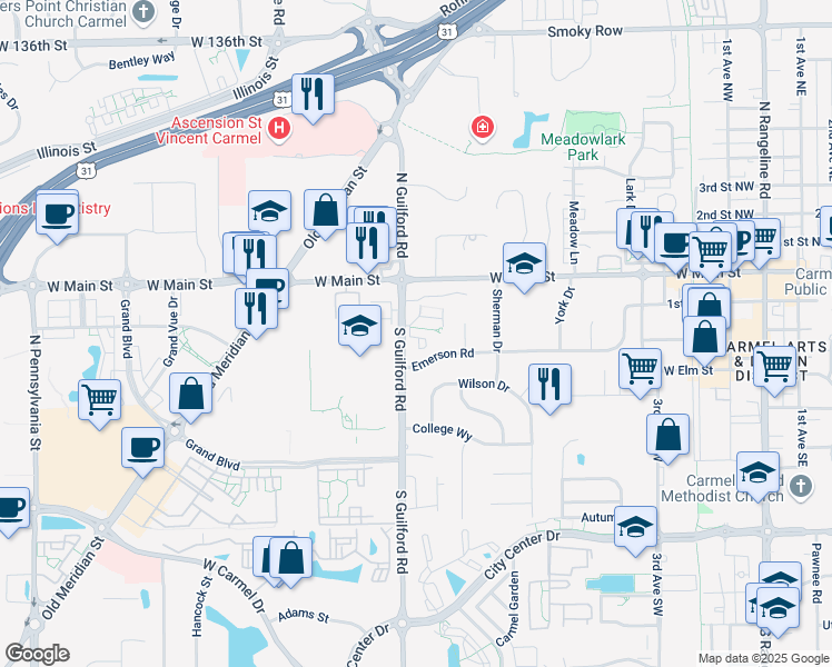 map of restaurants, bars, coffee shops, grocery stores, and more near 62 Druid Hill Court in Carmel
