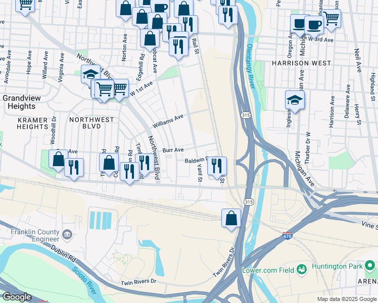 map of restaurants, bars, coffee shops, grocery stores, and more near 827 Burr Avenue in Columbus