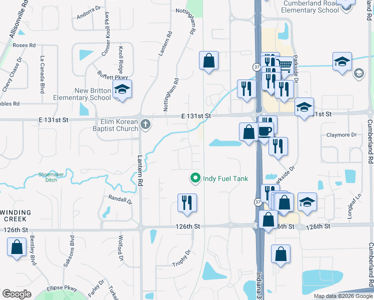 map of restaurants, bars, coffee shops, grocery stores, and more near 9063 Rider Drive in Fishers