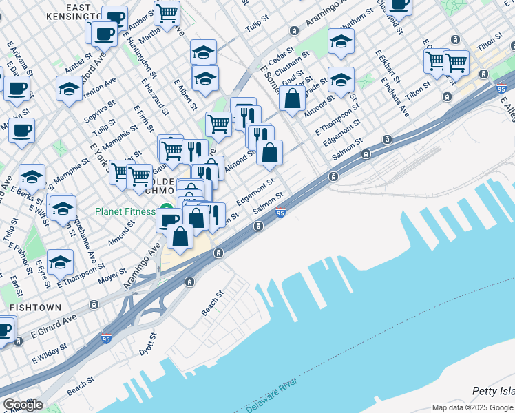 map of restaurants, bars, coffee shops, grocery stores, and more near 2624 Salmon Street in Philadelphia