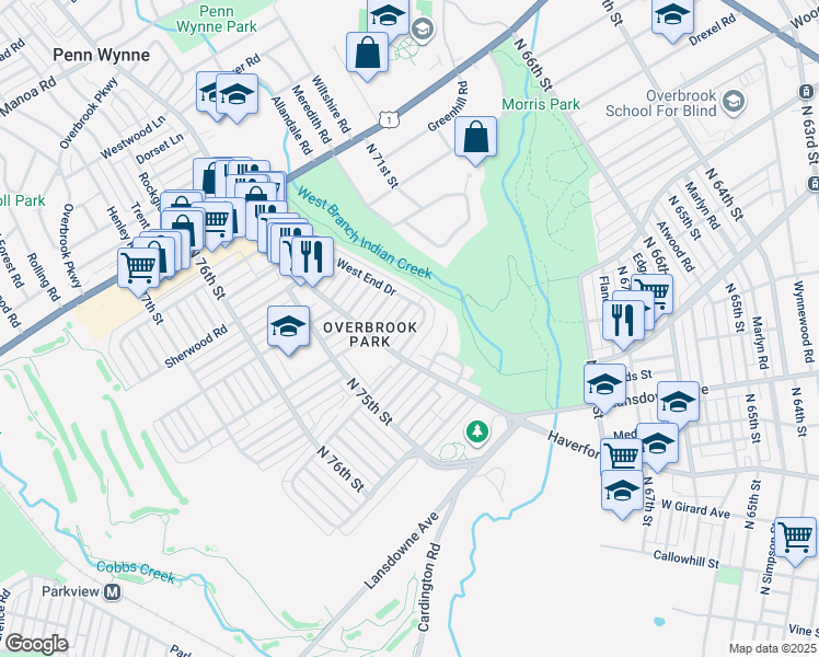 map of restaurants, bars, coffee shops, grocery stores, and more near 7323 Malvern Avenue in Philadelphia