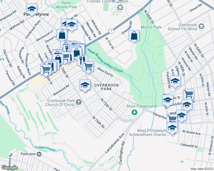 map of restaurants, bars, coffee shops, grocery stores, and more near 7352 Woodbine Avenue in Philadelphia