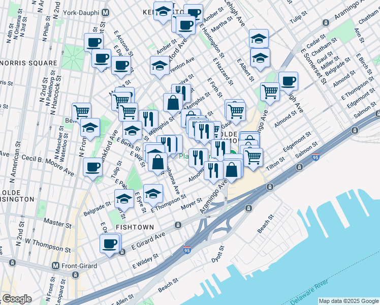 map of restaurants, bars, coffee shops, grocery stores, and more near 2505 East Dauphin Street in Philadelphia