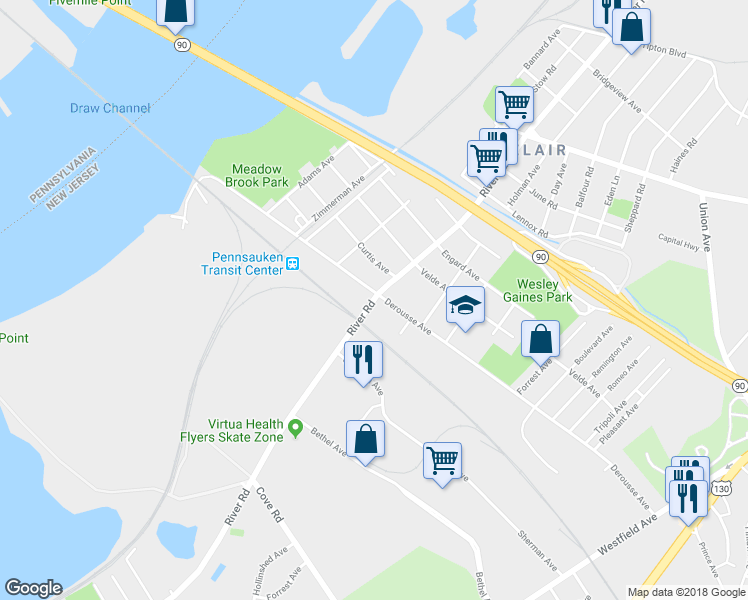 map of restaurants, bars, coffee shops, grocery stores, and more near 7299 River Road in Pennsauken Township