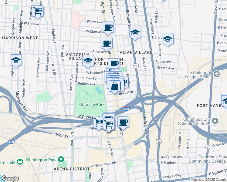 map of restaurants, bars, coffee shops, grocery stores, and more near 687 North High Street in Columbus