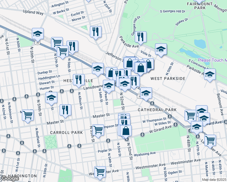 map of restaurants, bars, coffee shops, grocery stores, and more near 1499 North 53rd Street in Philadelphia
