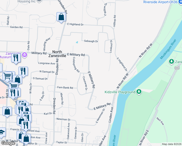 map of restaurants, bars, coffee shops, grocery stores, and more near 2890 East Military Road in Zanesville