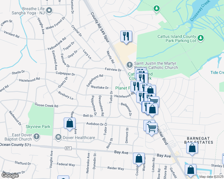 map of restaurants, bars, coffee shops, grocery stores, and more near 897 Tudor Drive in Toms River