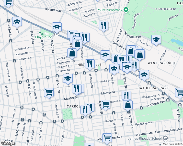 map of restaurants, bars, coffee shops, grocery stores, and more near 5524 Lansdowne Avenue in Philadelphia