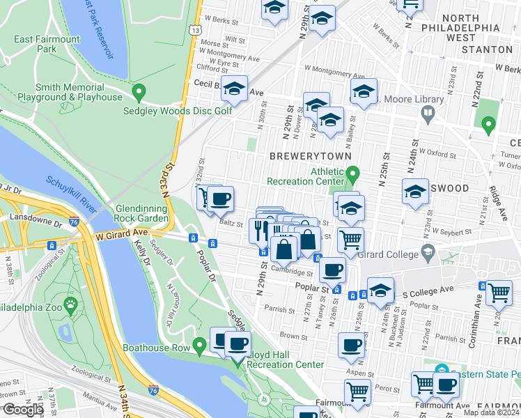 map of restaurants, bars, coffee shops, grocery stores, and more near 2917 West Thompson Street in Philadelphia