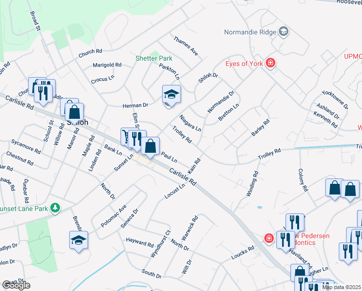 map of restaurants, bars, coffee shops, grocery stores, and more near 1920 Trolley Road in York