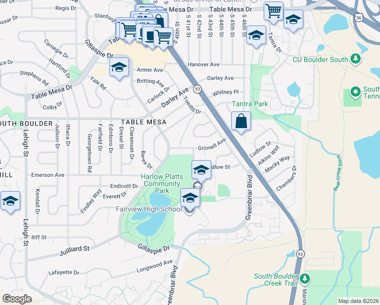 map of restaurants, bars, coffee shops, grocery stores, and more near 4280 Grinnell Avenue in Boulder