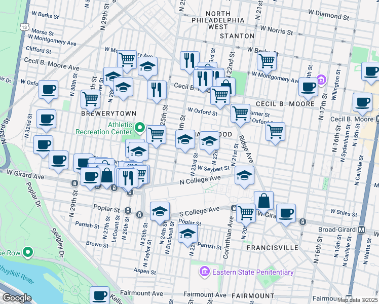 map of restaurants, bars, coffee shops, grocery stores, and more near 2307 Master Street in Philadelphia