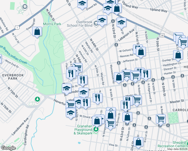 map of restaurants, bars, coffee shops, grocery stores, and more near 909 Atwood Road in Philadelphia