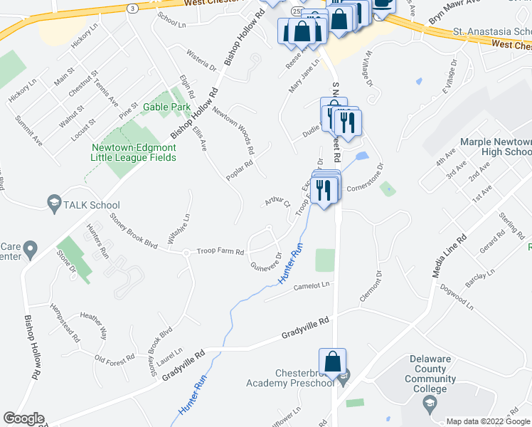map of restaurants, bars, coffee shops, grocery stores, and more near 326 Arthur Court in Newtown Square