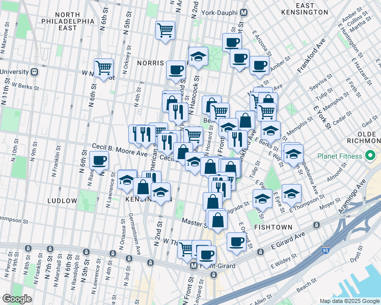 map of restaurants, bars, coffee shops, grocery stores, and more near 158 West Palmer Street in Philadelphia