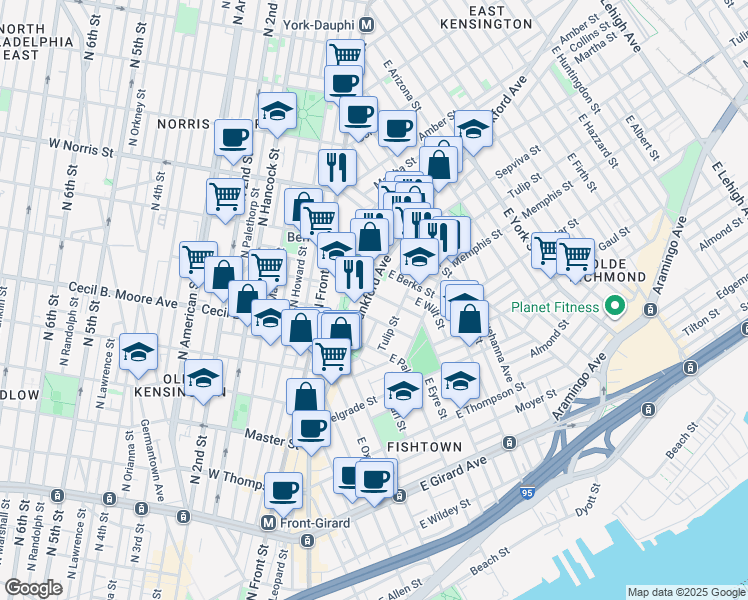 map of restaurants, bars, coffee shops, grocery stores, and more near 1767 Frankford Avenue in Philadelphia