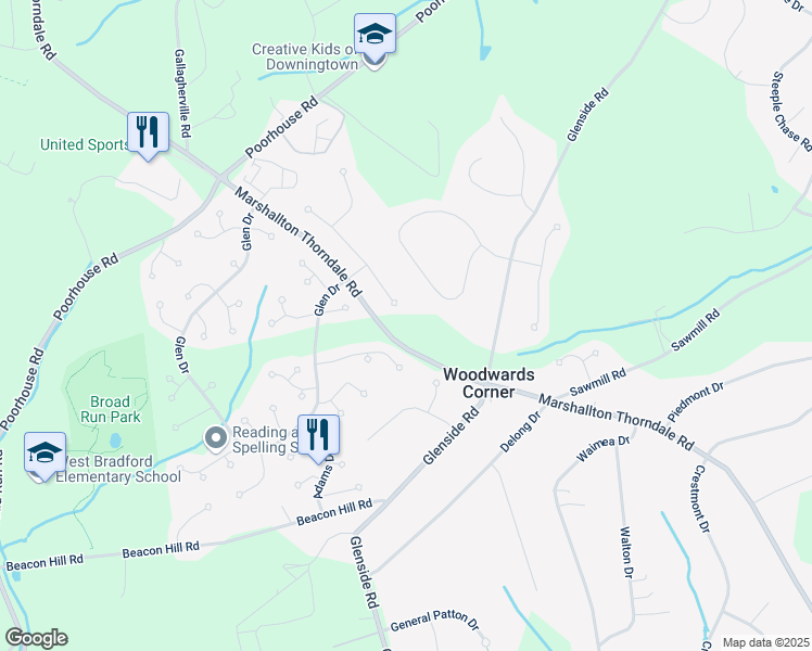 map of restaurants, bars, coffee shops, grocery stores, and more near 1301 Westminster Drive in Downingtown