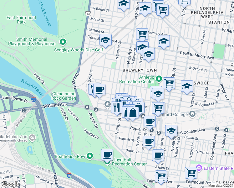 map of restaurants, bars, coffee shops, grocery stores, and more near 2919 West Thompson Street in Philadelphia