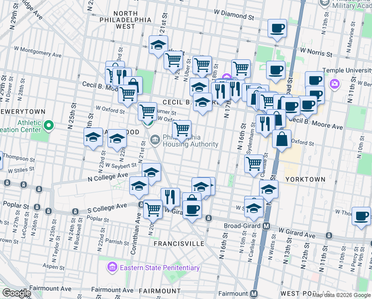 map of restaurants, bars, coffee shops, grocery stores, and more near in Philadelphia