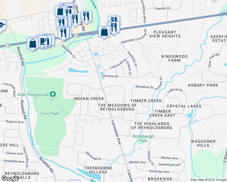 map of restaurants, bars, coffee shops, grocery stores, and more near 7176 Feather Court in Reynoldsburg